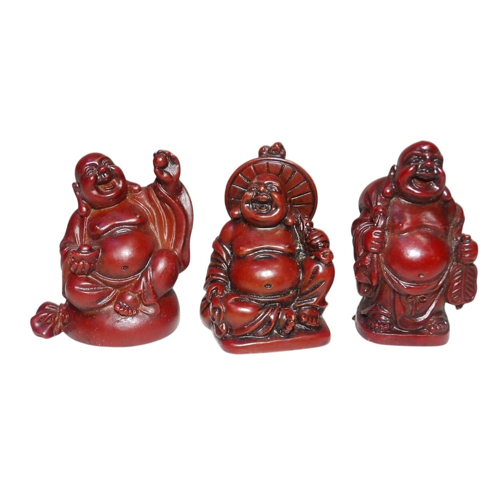 Set of 3 Laughing Buddha Hotei Figurines Cinnabar Red Resin Feng Shui Statues